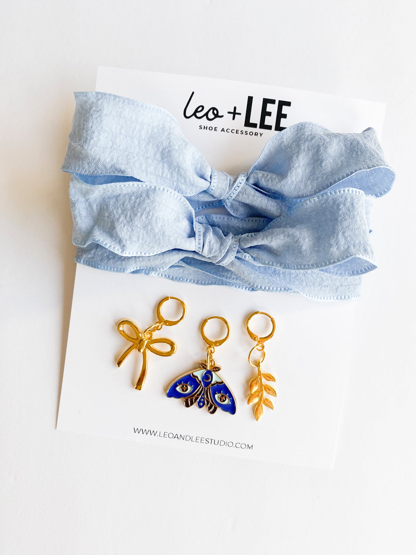 Elegant Baby Blue Lace & Butterfly Shoe Charm Set – Blue Ribbon Sneaker Accessories by Leo + Lee