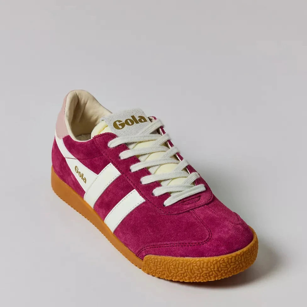 Gola women’s magenta suede retro sneakers with gum sole and white leather stripes