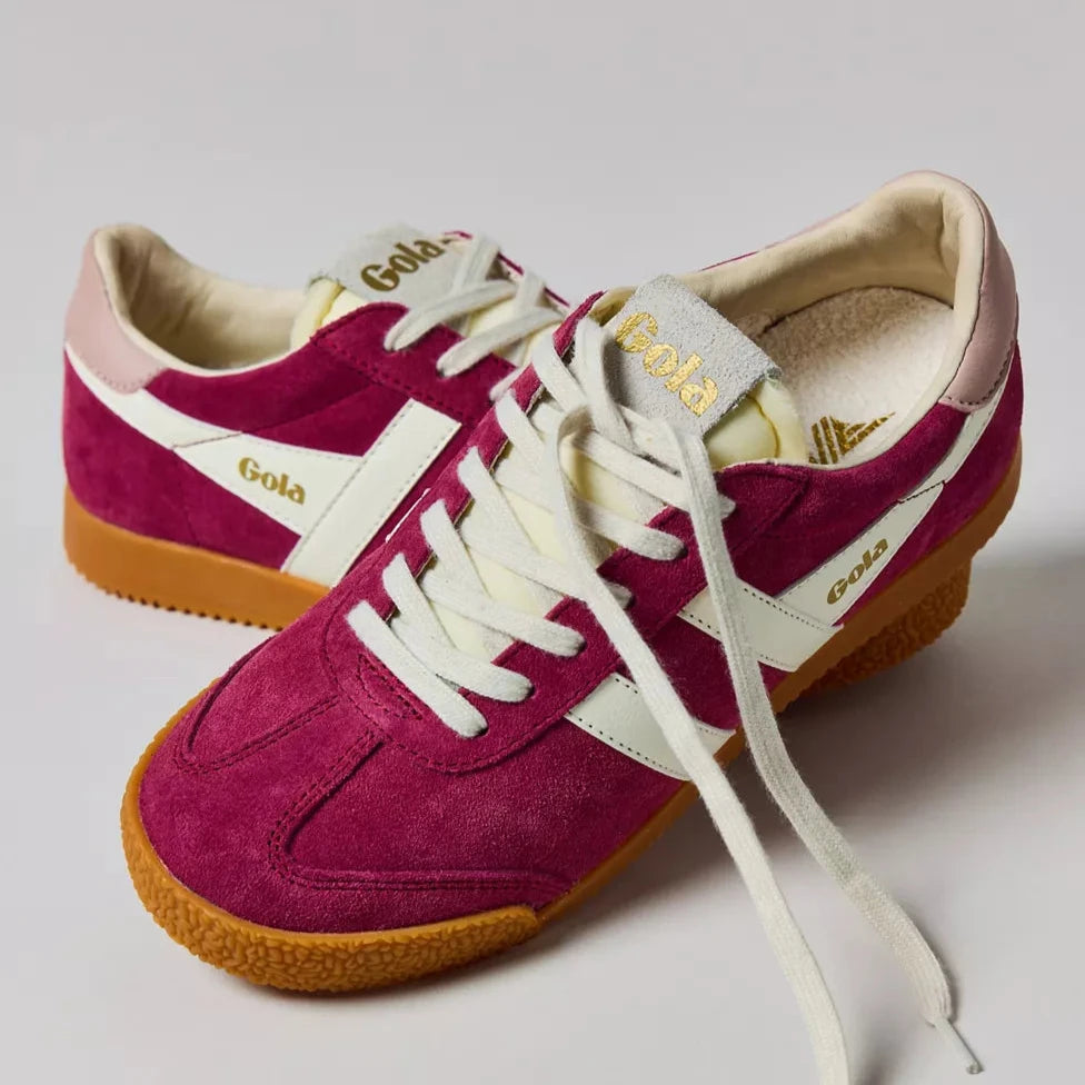 Gola women’s magenta suede retro sneakers with gum sole and white leather stripes