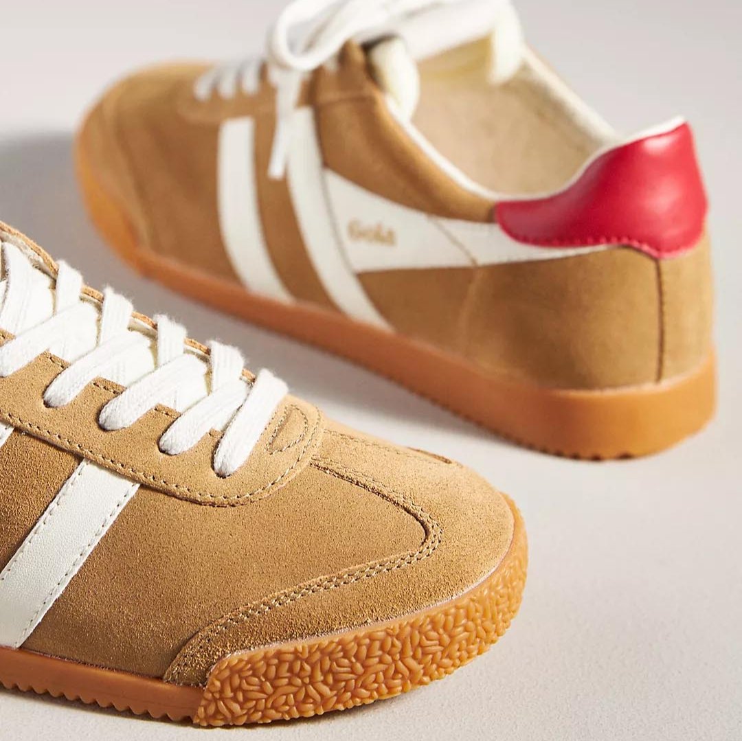 Gola Elan sneaker in sand caramel suede with white stripes and red heel accent