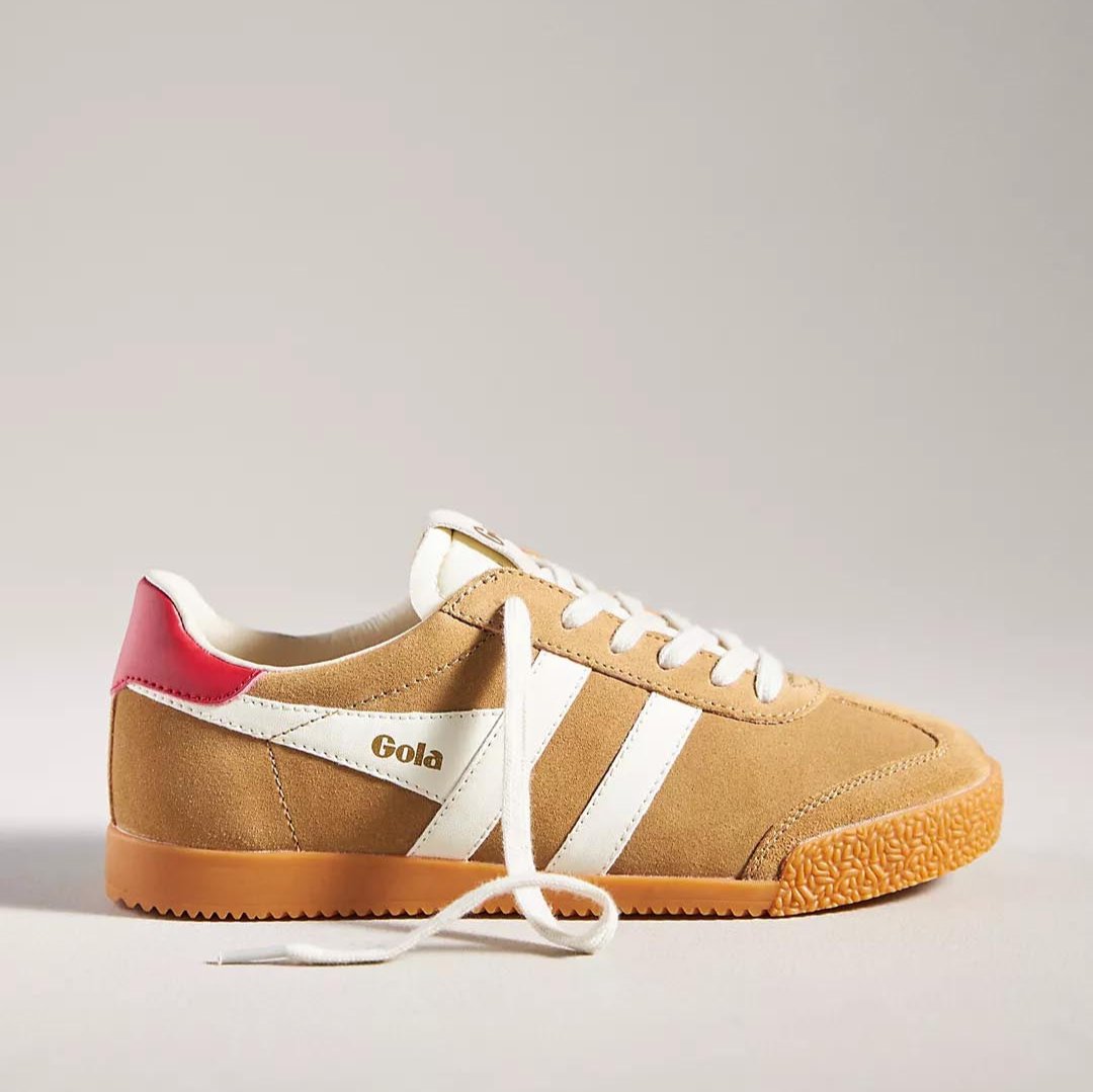 Gola Elan sneaker in sand caramel suede with white stripes and red heel accent