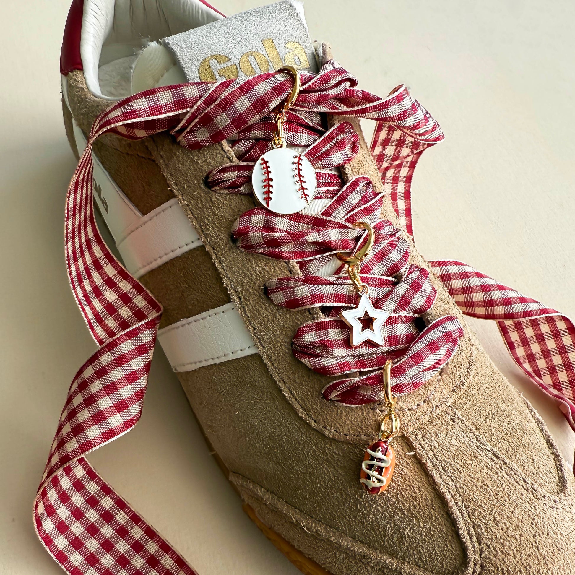 Baseball-themed sneaker accessory set with red gingham ribbon laces