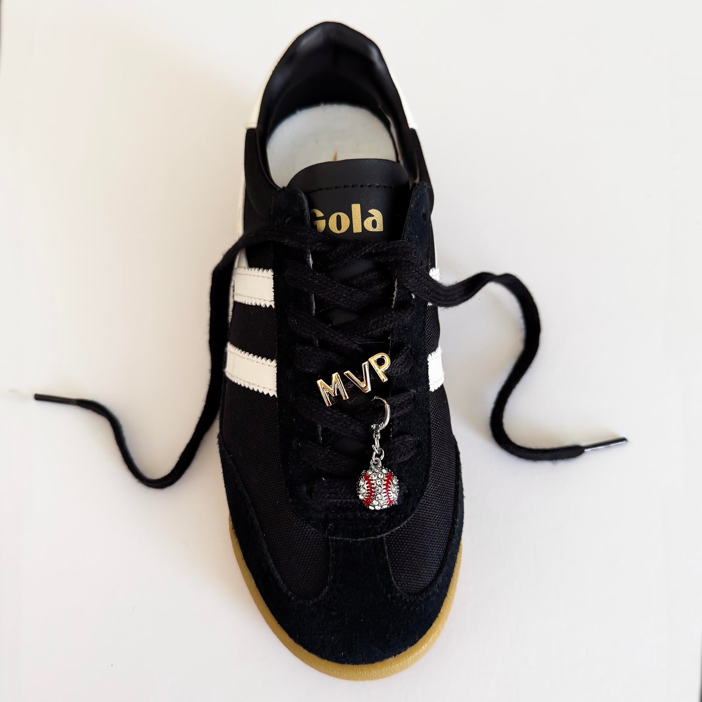 Baseball Shoe Lace Charm Set – “MVP” Gold Letter Charms with Baseball Pendant – Sports Fan Sneaker Accessories