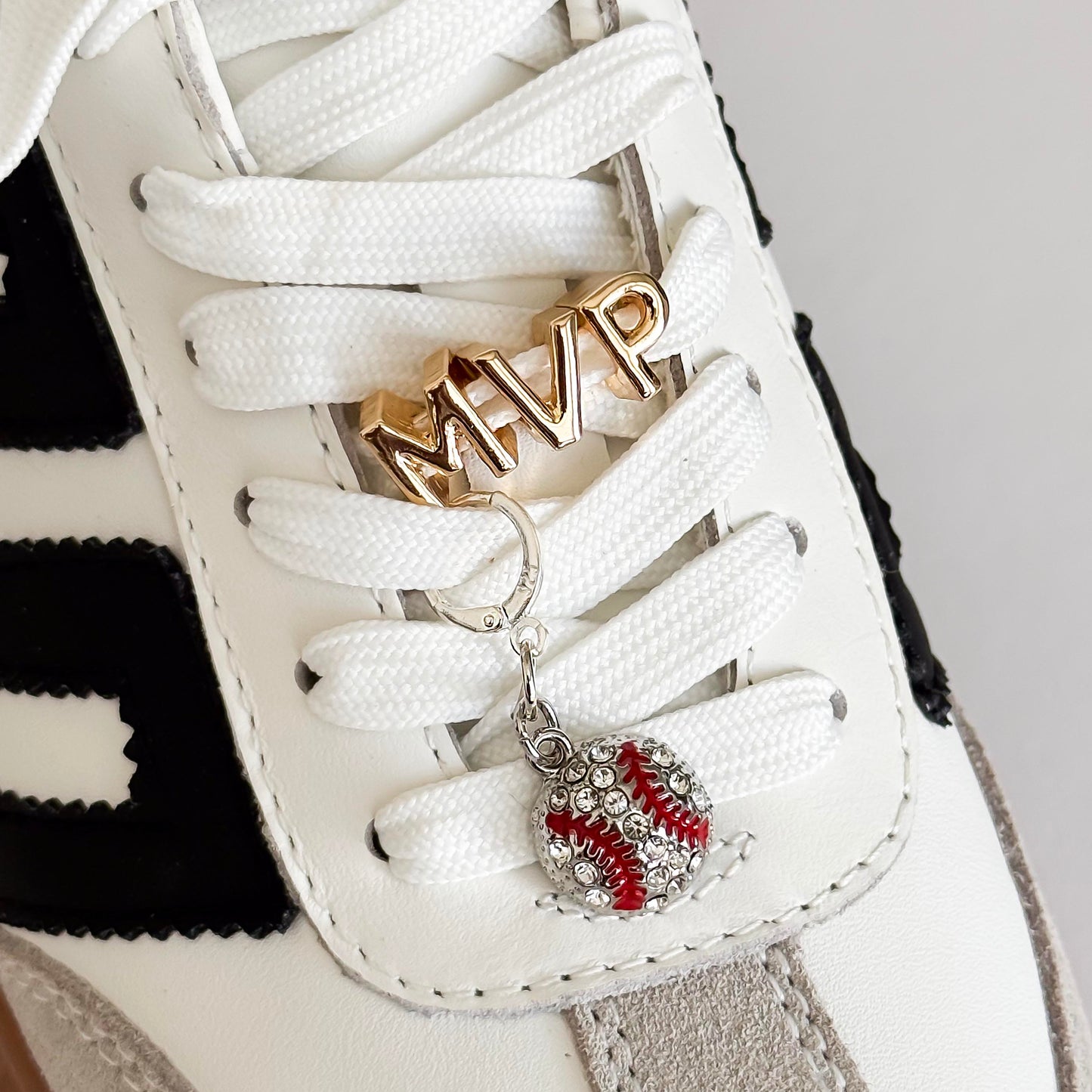 Baseball Shoe Lace Charm Set – “MVP” Gold Letter Charms with Baseball Pendant – Sports Fan Sneaker Accessories
