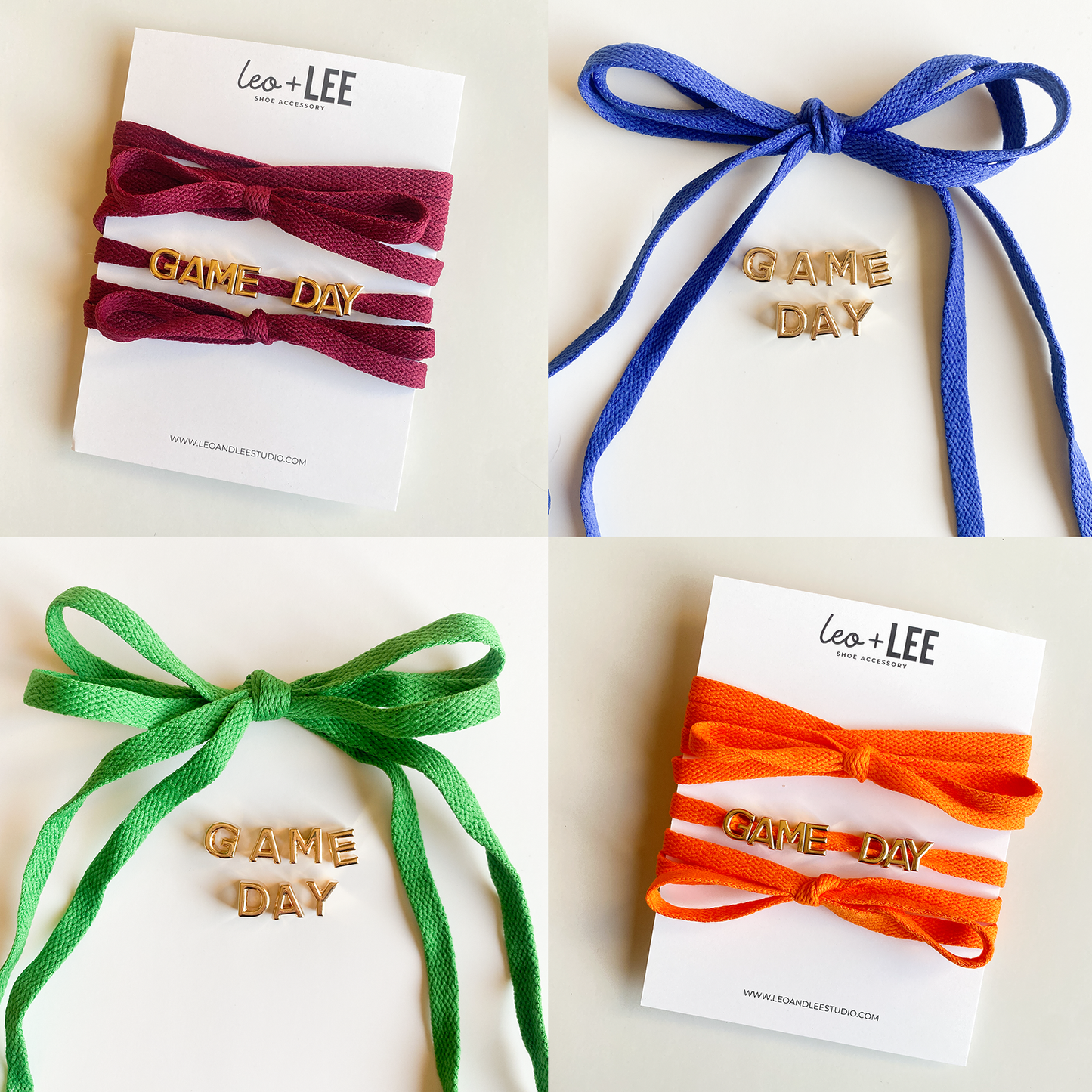 A close-up image of vibrant color laces shoelaces tied in a bow, paired with gold letter charms spelling "GAME DAY" displayed below.