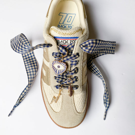 Navy Blue Gingham Sneaker Charm Set – Evil Eye, Feather & Lightning Charms