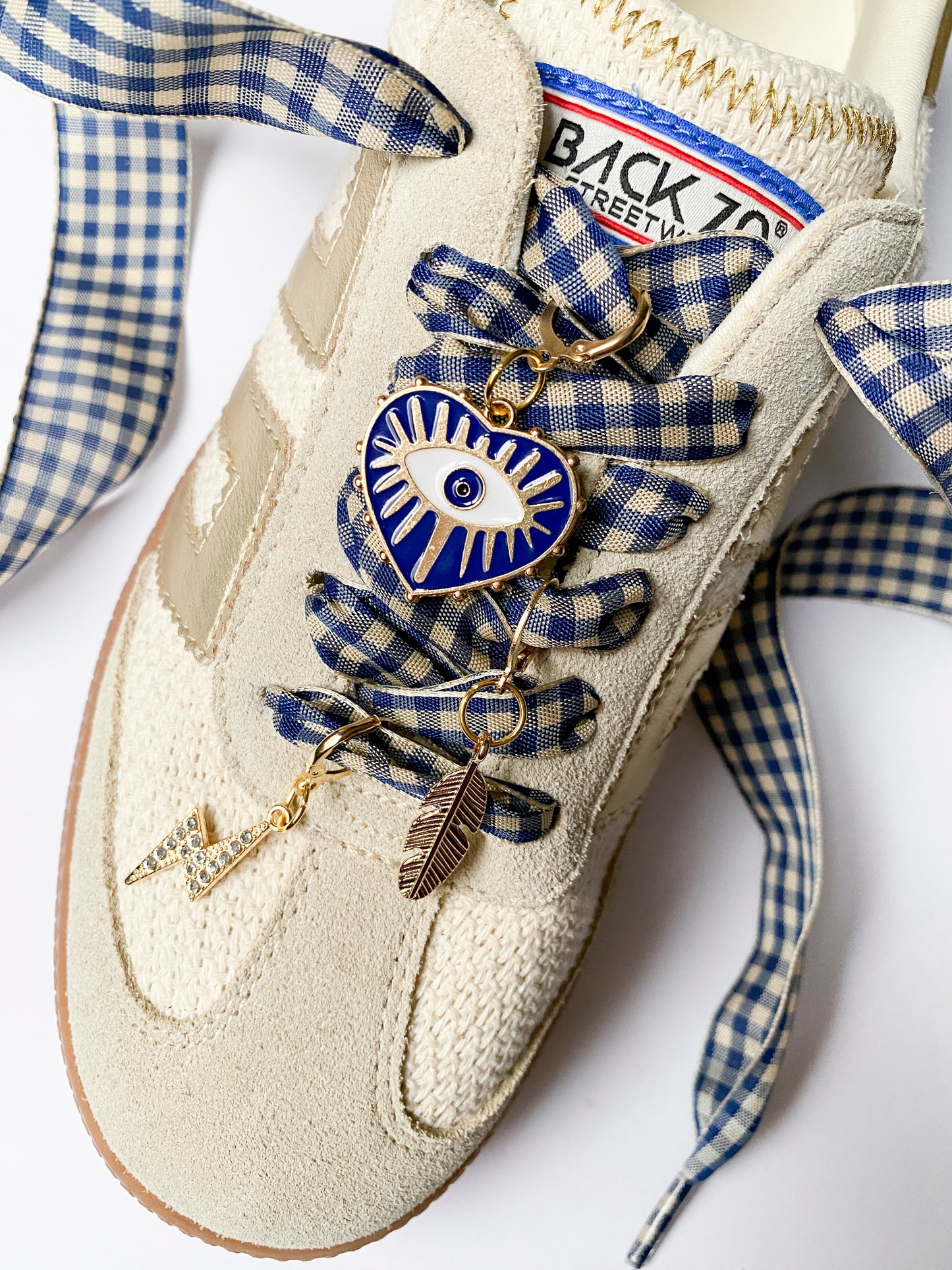 Navy Blue Gingham Sneaker Charm Set – Evil Eye, Feather & Lightning Charms