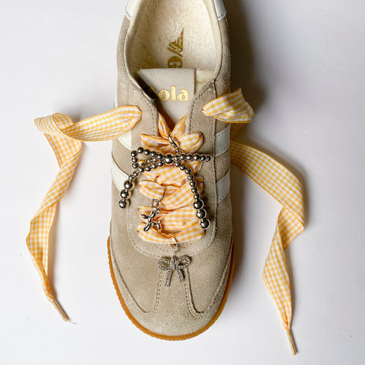 Yellow Gingham Sneaker Charm Set - Silver Bow, Balloon Dog & Rhinestone Bow