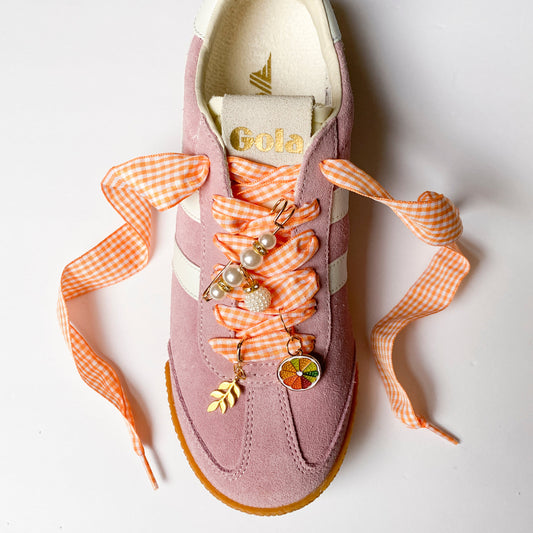 Orange Gingham Sneaker Charm Set – Pearl Pin, Fern & Fruit Slice Charms