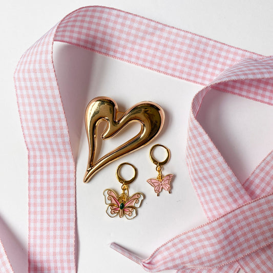 Pink Gingham Sneaker Charm Set - Heart Pin & Butterflies