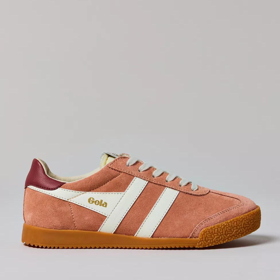 Gola Elan women's retro sneaker in terracotta with white stripes and gum sole