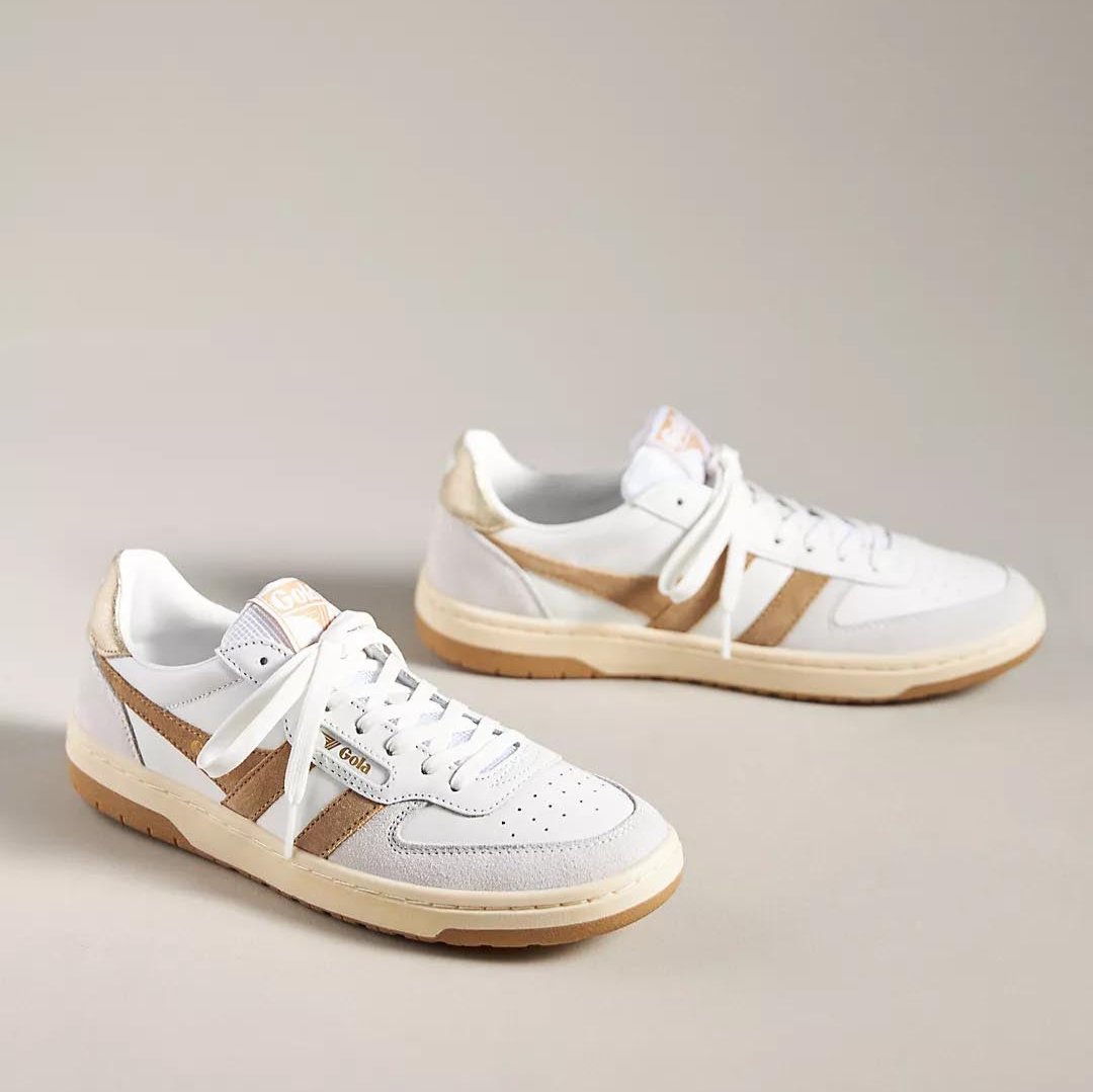 Gola Hawk Women's Retro Sneakers in white and caramel colour with leather and suede finish, cushioned insole, and rubber outsole.