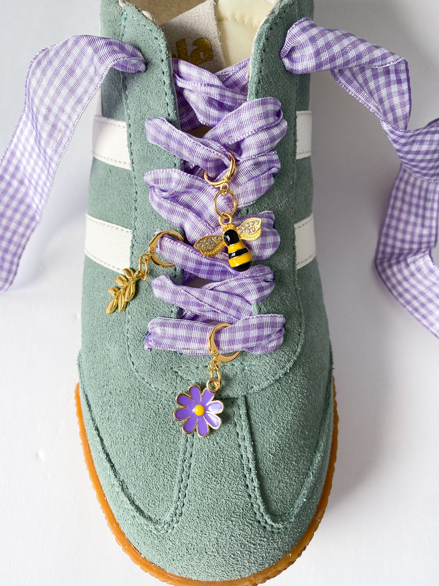 Lavender Gingham Sneaker Charm Set - Bee, Fern & Purple Flower