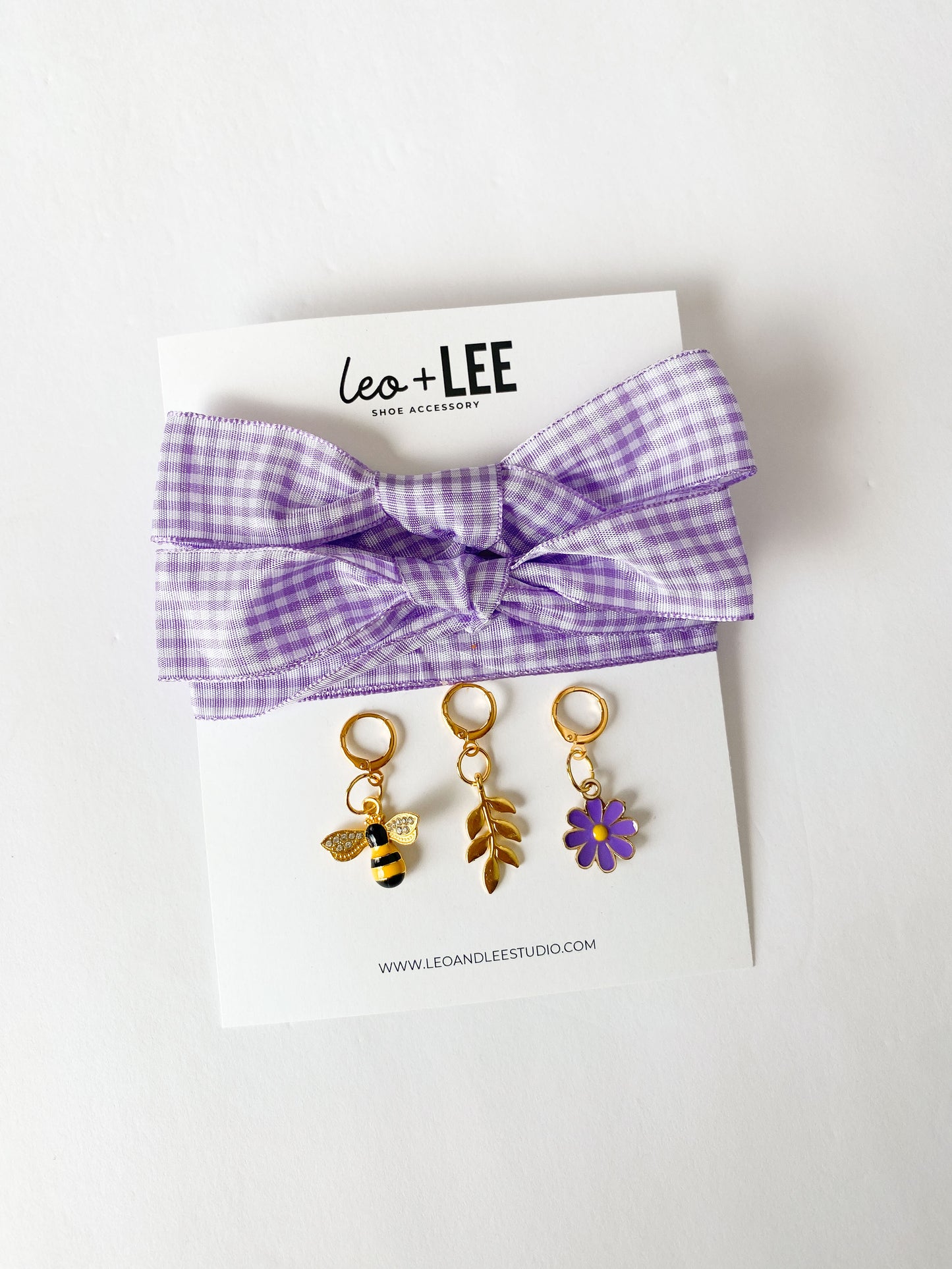 Lavender Gingham Sneaker Charm Set - Bee, Fern & Purple Flower