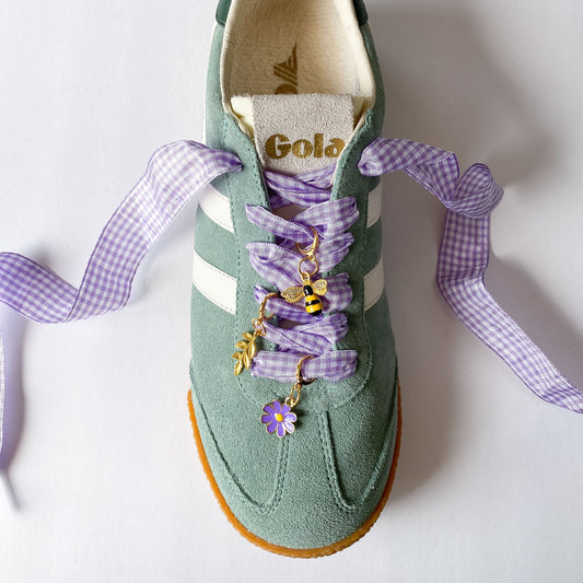 Lavender Gingham Sneaker Charm Set - Bee, Fern & Purple Flower