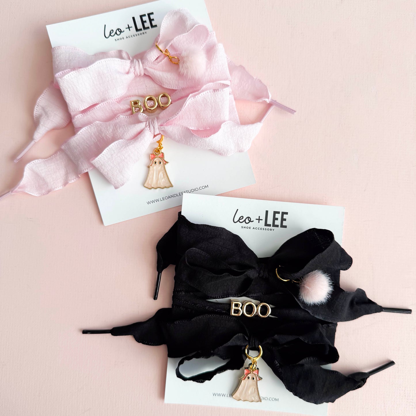 Pink ribbon sneaker lace set with BOO letters, pom-pom, and ghost charm