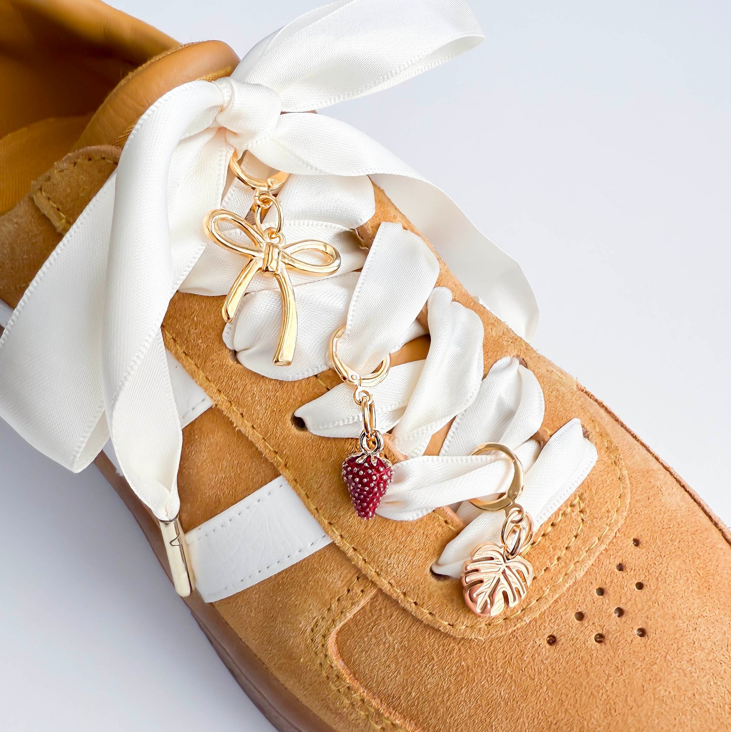 Satin Lace Charm Set with Gold Aglets – Bow, Leaf & Strawberry Charms