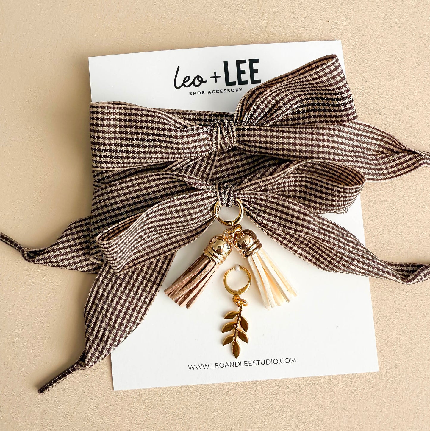 Brown gingham sneaker lace set with tassel and gold leaf charms