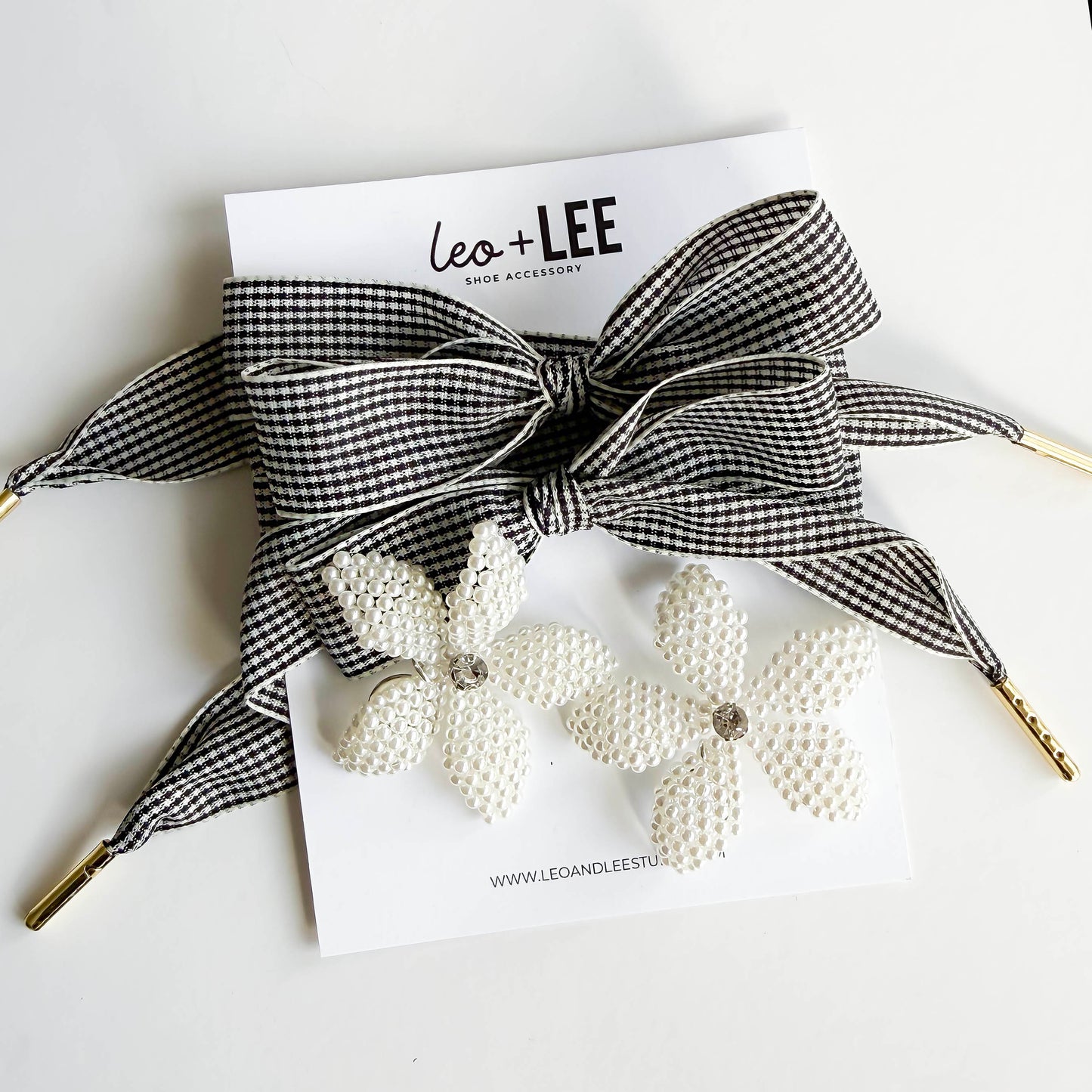 Black Houndstooth Shoelaces with Pearl Flower Charms – Chic & Elevated