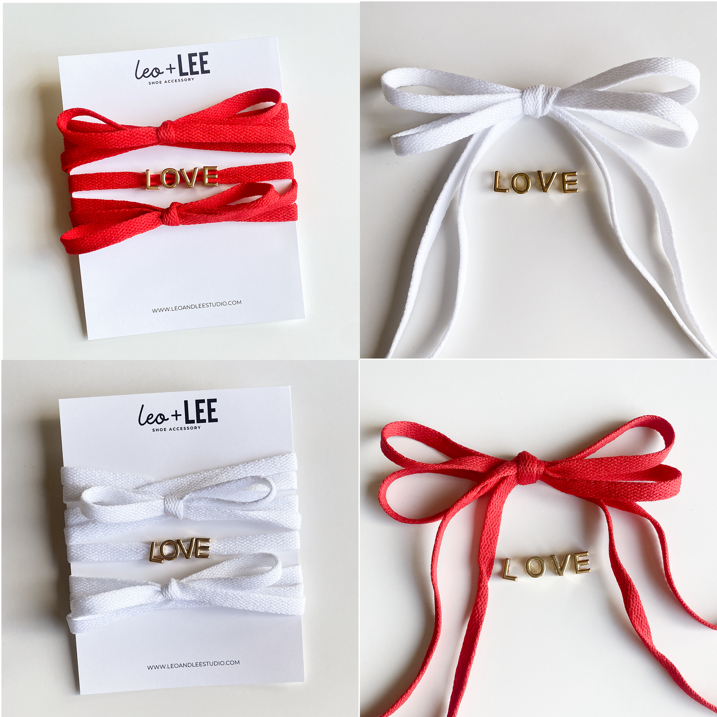 Red and white bow shoelaces with gold 'LOVE' charms from the Leo + Lee Sneaker Charm Set, displayed in packaging and styled individually.