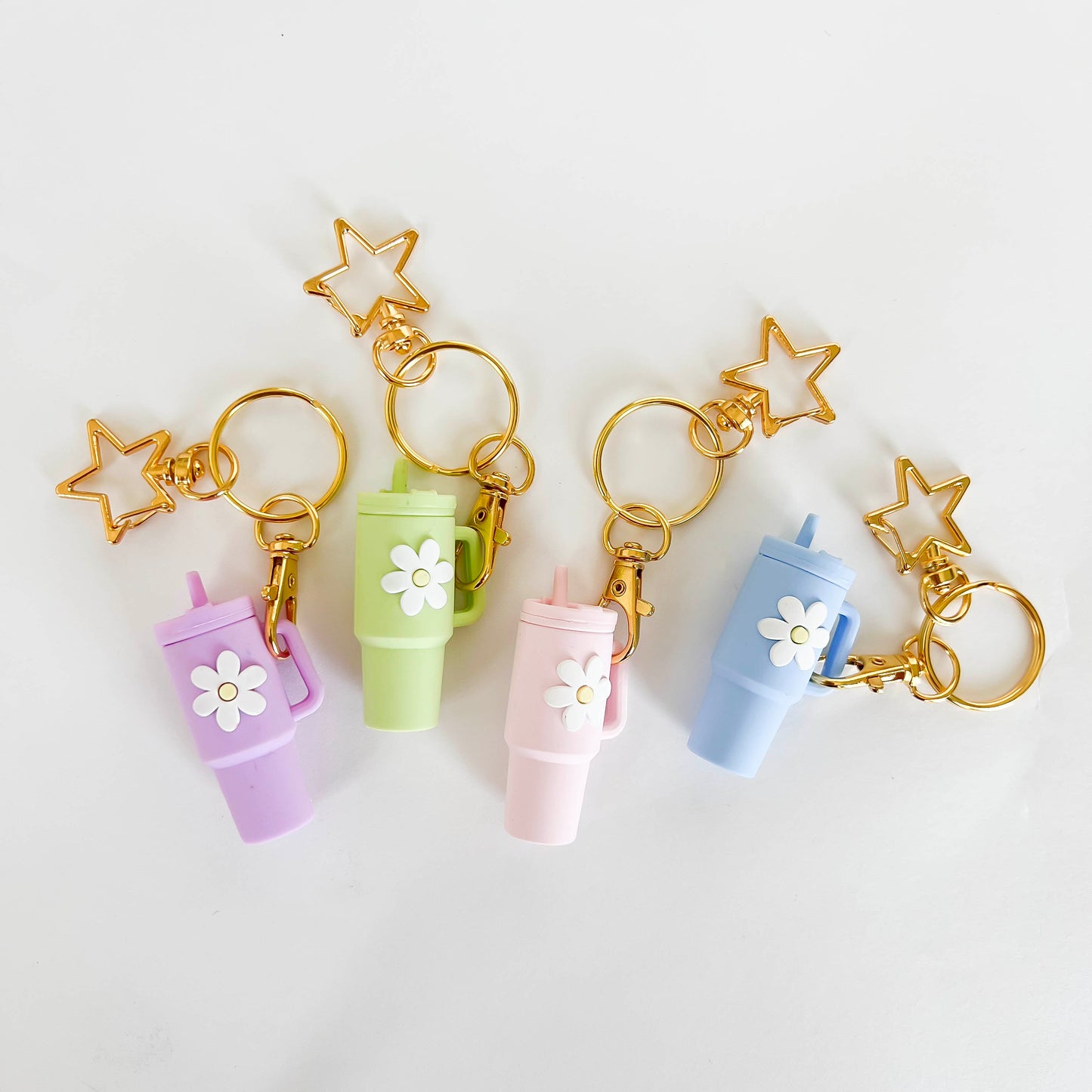 Pastel mini Stanley cup keychain with flower charm and gold star keyring
