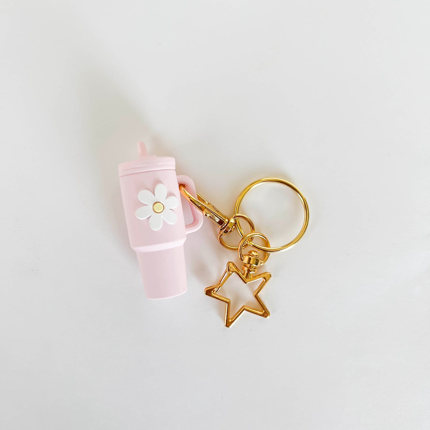 Baby pink mini Stanley cup keychain with flower charm and gold star keyring