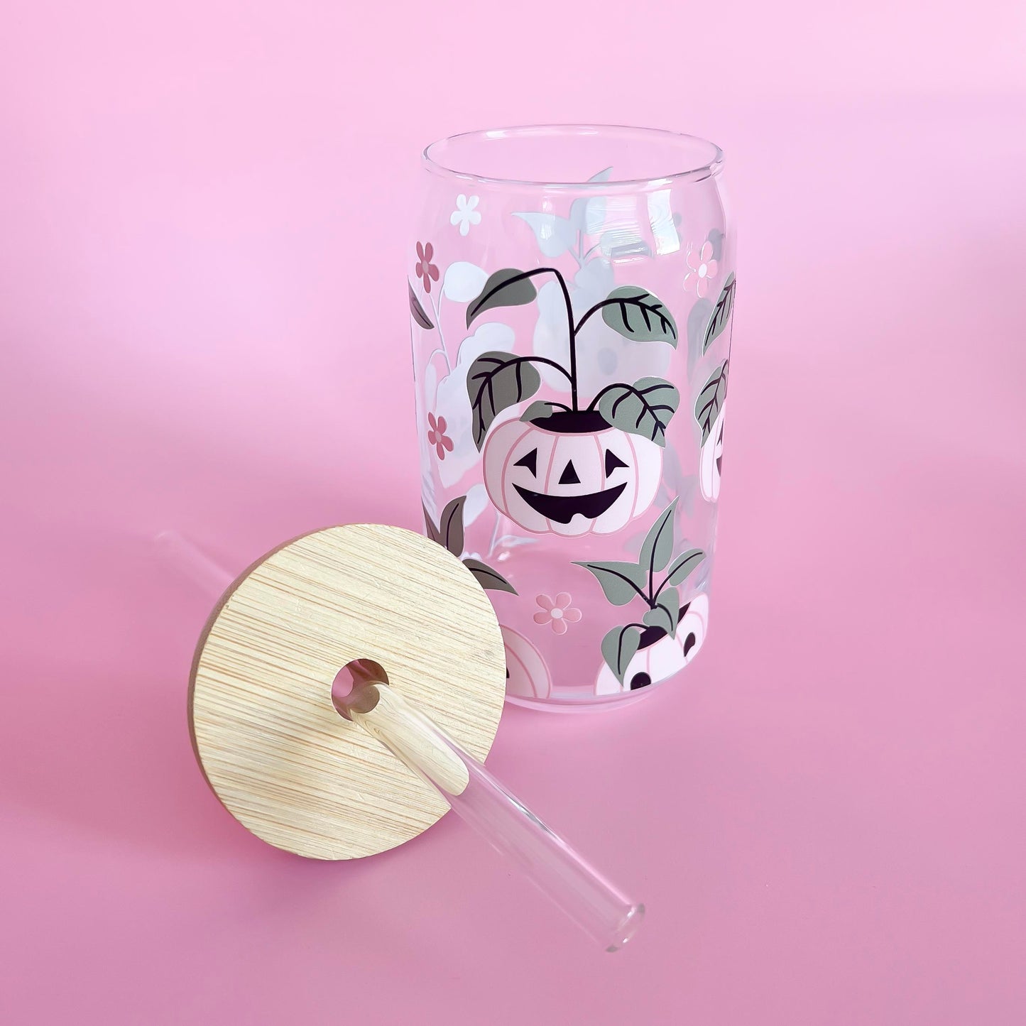 Pink Pumpkin Glass Tumbler with Bamboo Lid and Reusable Straw.