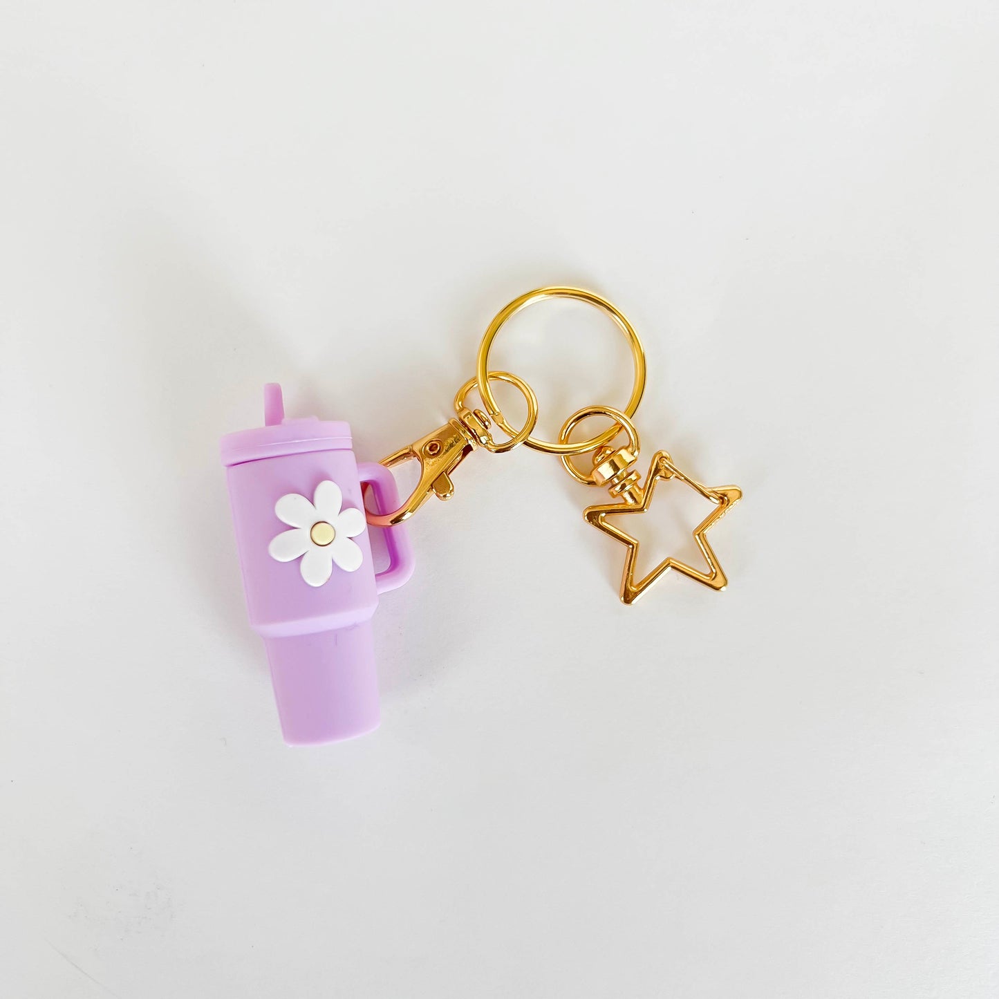 Lavender mini Stanley cup keychain with flower charm and gold star keyring