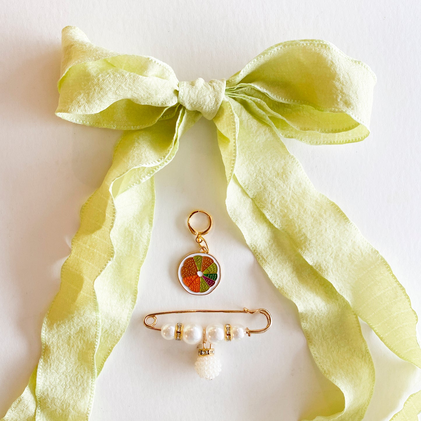 Leo + Lee Lime Green Butterfly Laces with Pearl Paperclip & Colorful Fruit Charm