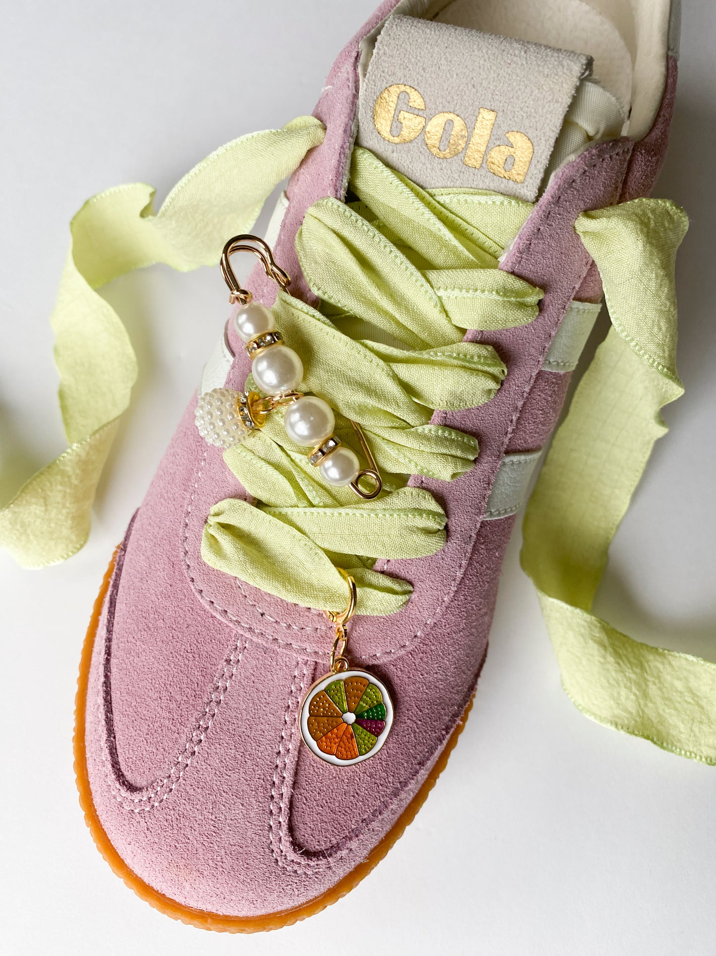 Leo + Lee Lime Green Butterfly Laces with Pearl Paperclip & Colorful Fruit Charm
