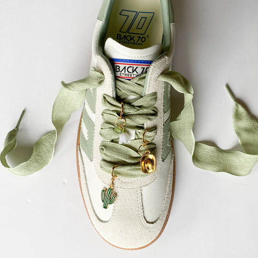 Elegant Sage Green Laces with Cactus, Cowboy Hat & Flower Shoe Charm Set – Stylish Sneaker Accessories by Leo + Lee