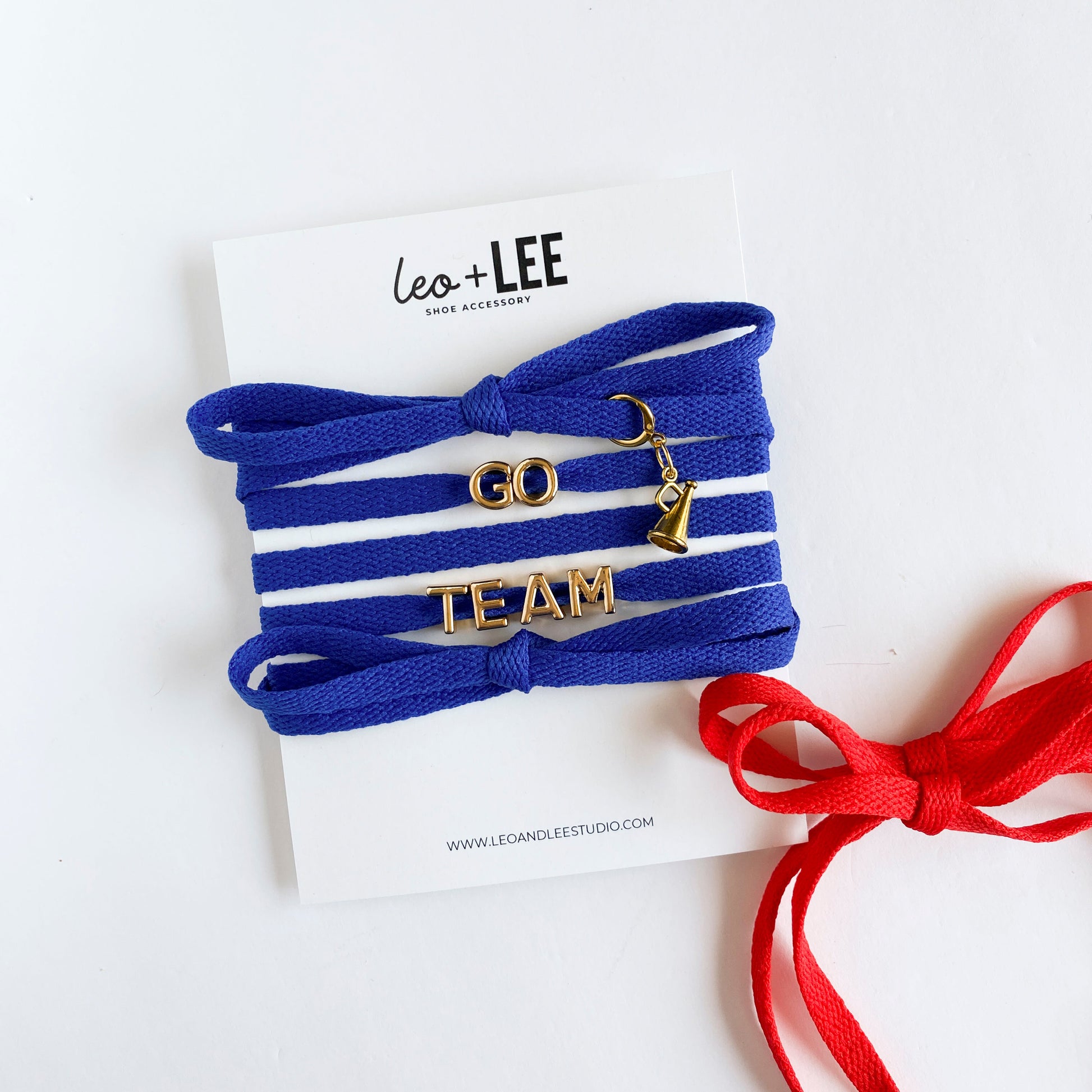 GO TEAM cheerleader lace shoe charm set with gold letters and megaphone on colorful flat laces