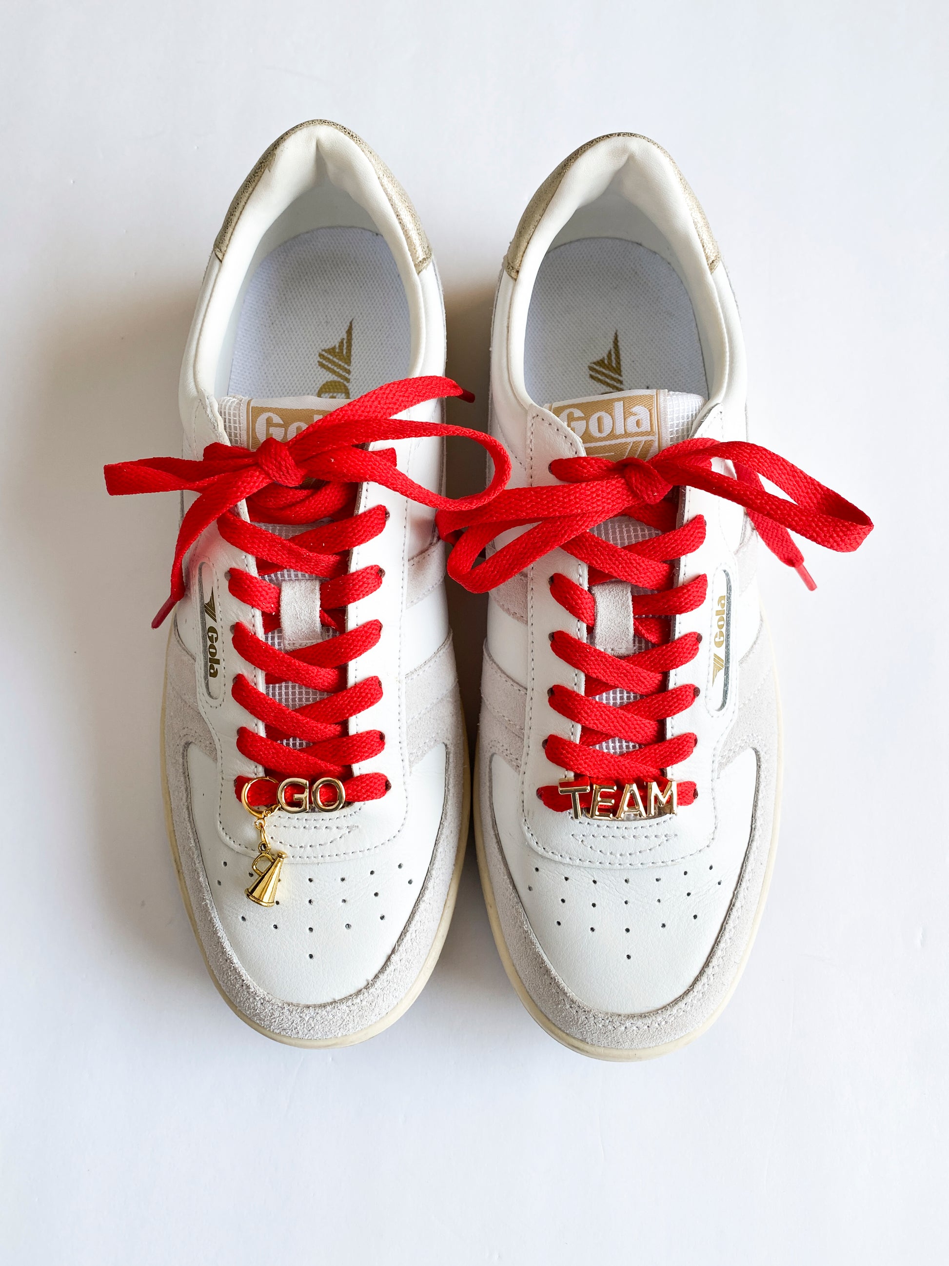 GO TEAM cheerleader lace shoe charm set with gold letters and megaphone on colorful flat laces