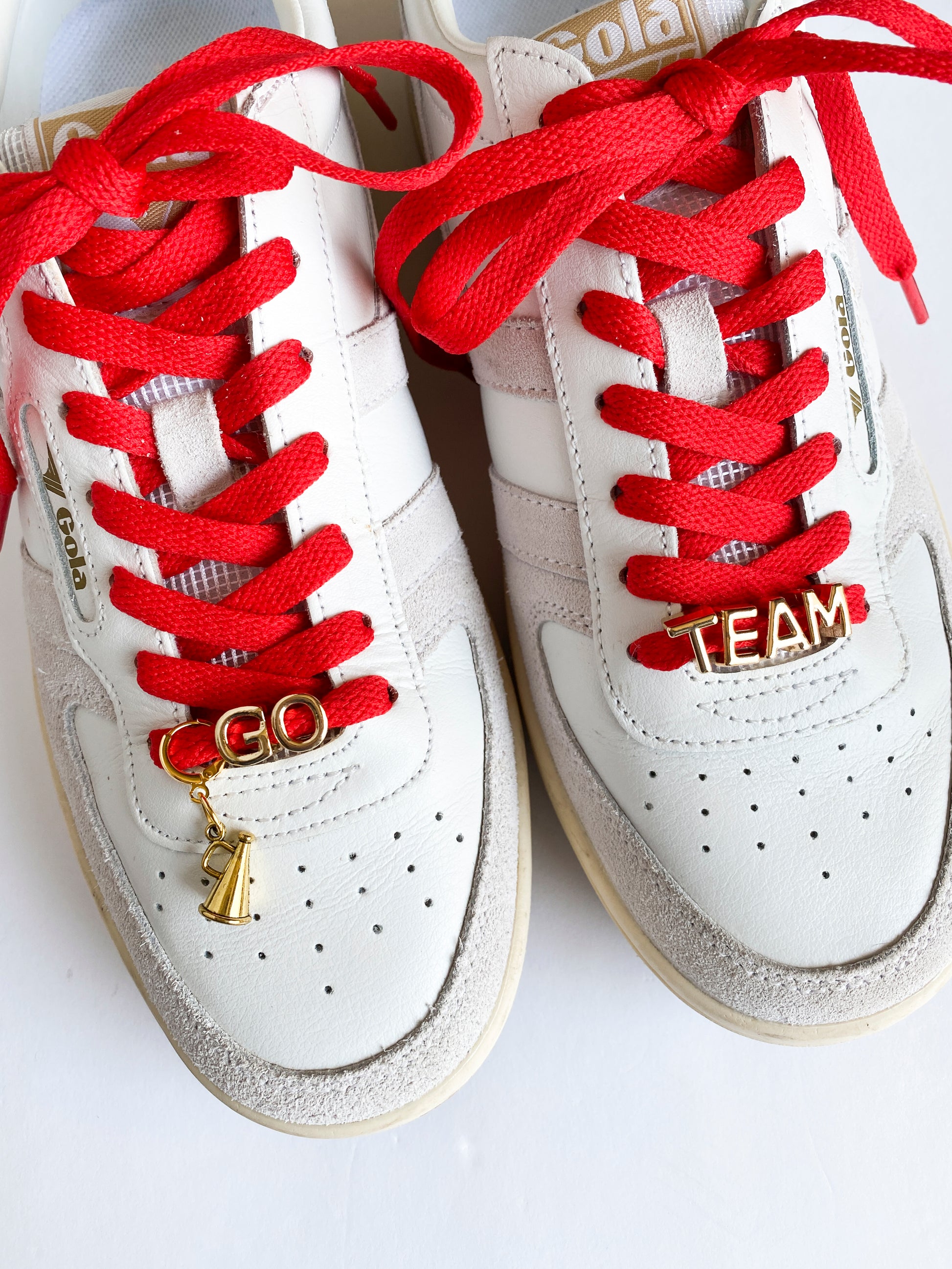 GO TEAM cheerleader lace shoe charm set with gold letters and megaphone on colorful flat laces