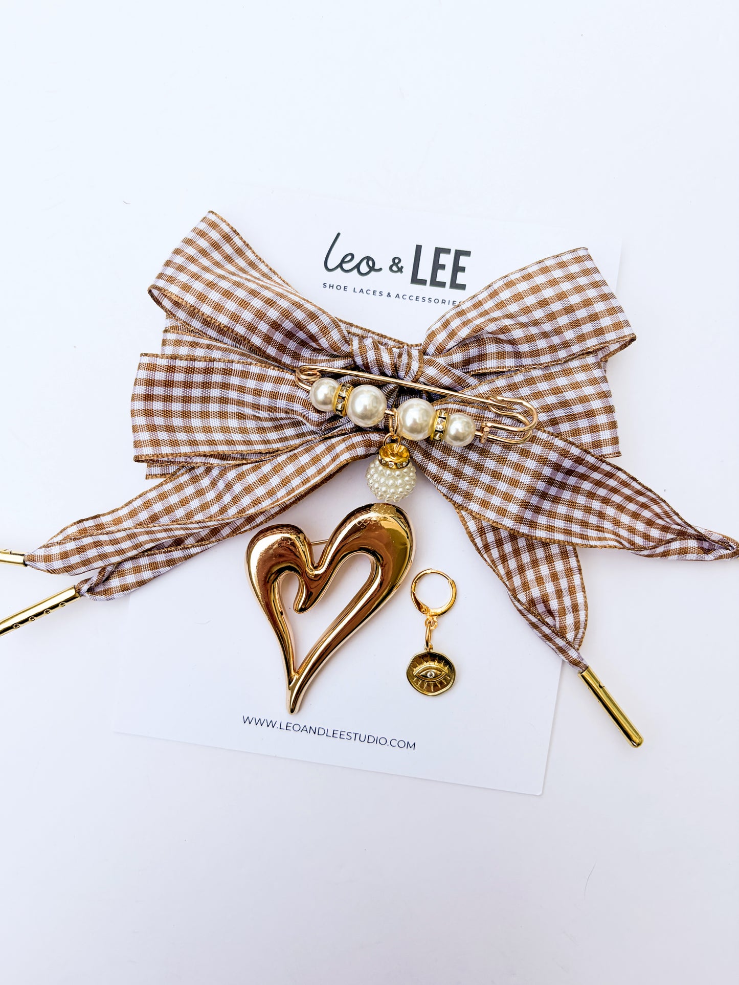 Beige Gingham Shoelaces with Pearl Pin, Heart & Evil Eye | Shoe Charm Set