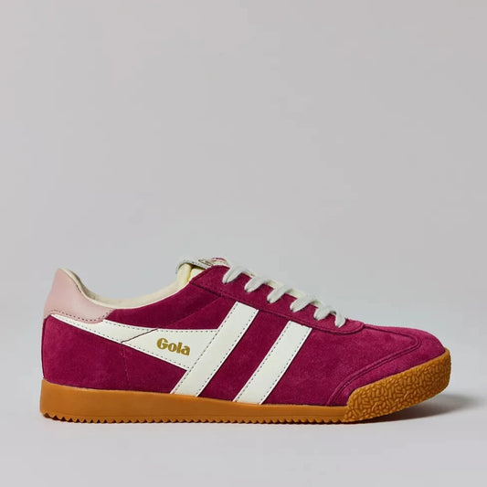 Gola women’s magenta suede retro sneakers with gum sole and white leather stripes