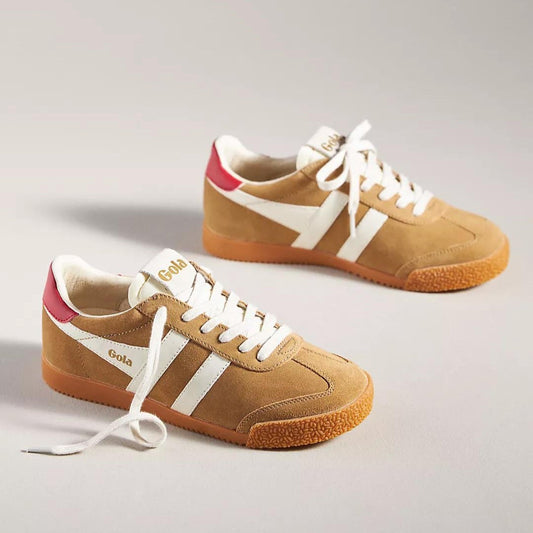 Gola Elan sneaker in sand caramel suede with white stripes and red heel accent