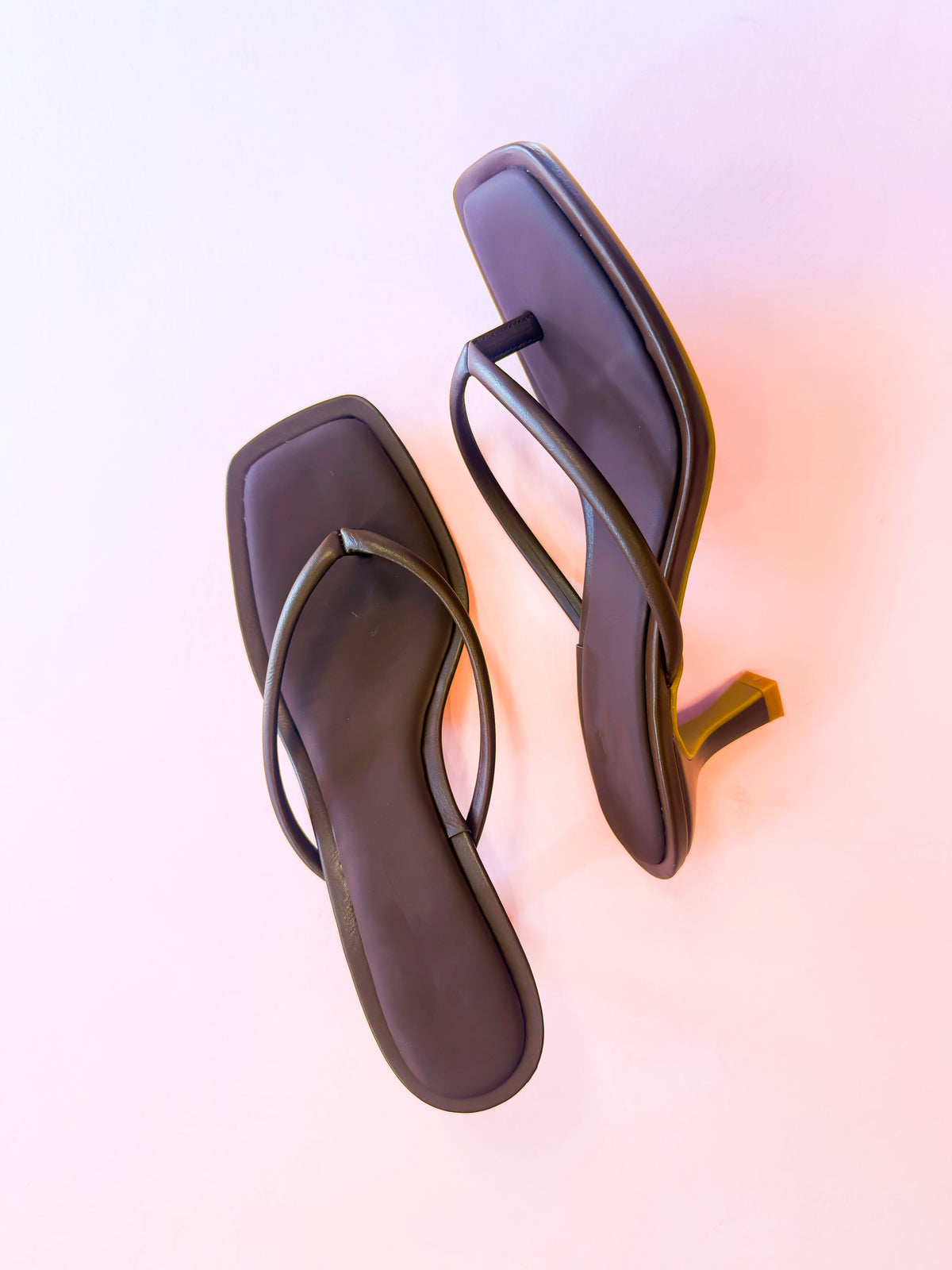 Women's square toe thong kitten heel sandals in nude and chocolate brown by Leo & Lee.
