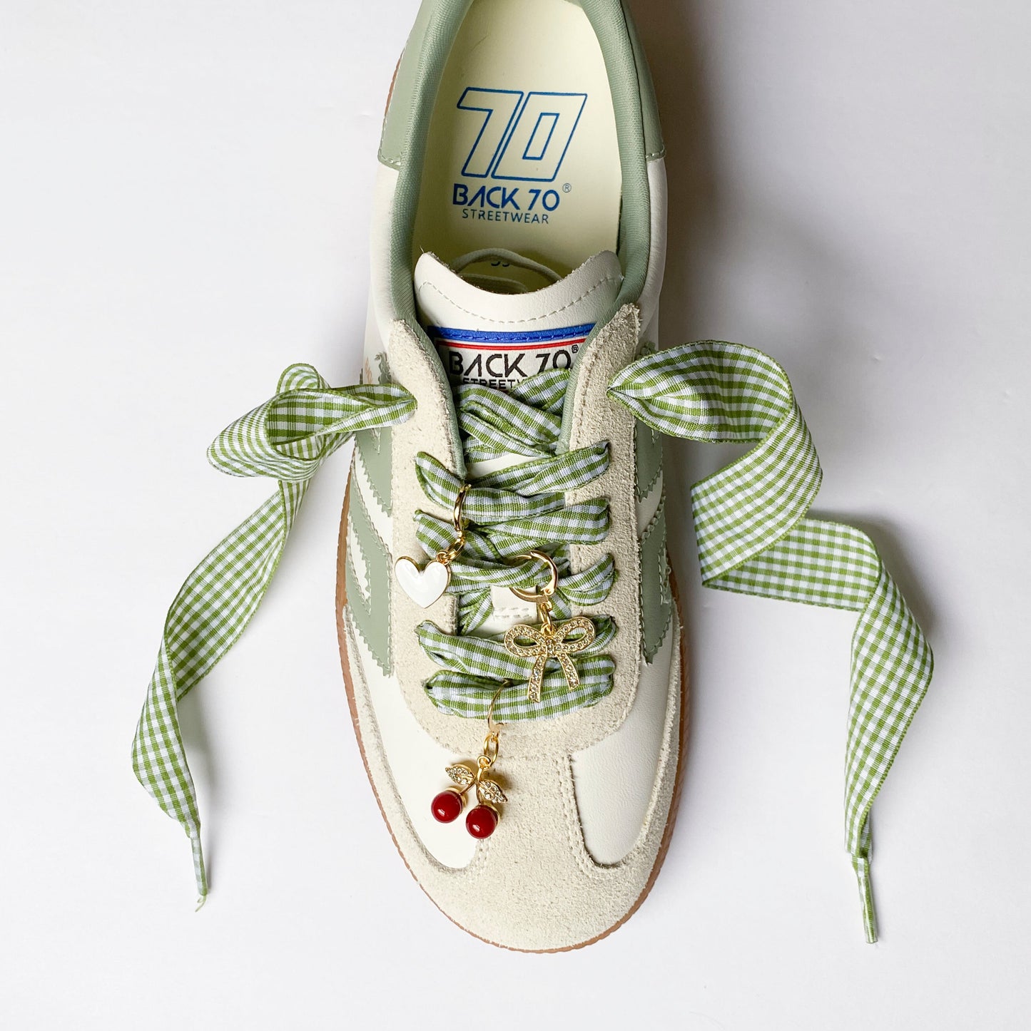 Green Gingham Sneaker Charm Set – Heart, Bow & Cherry Charms
