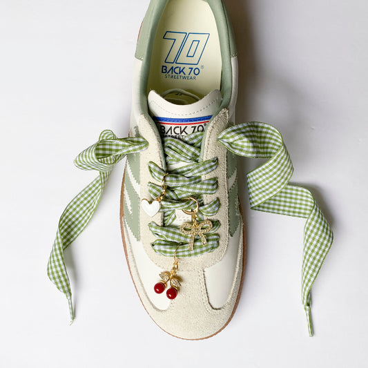 Green Gingham Sneaker Charm Set – Heart, Bow & Cherry Charms