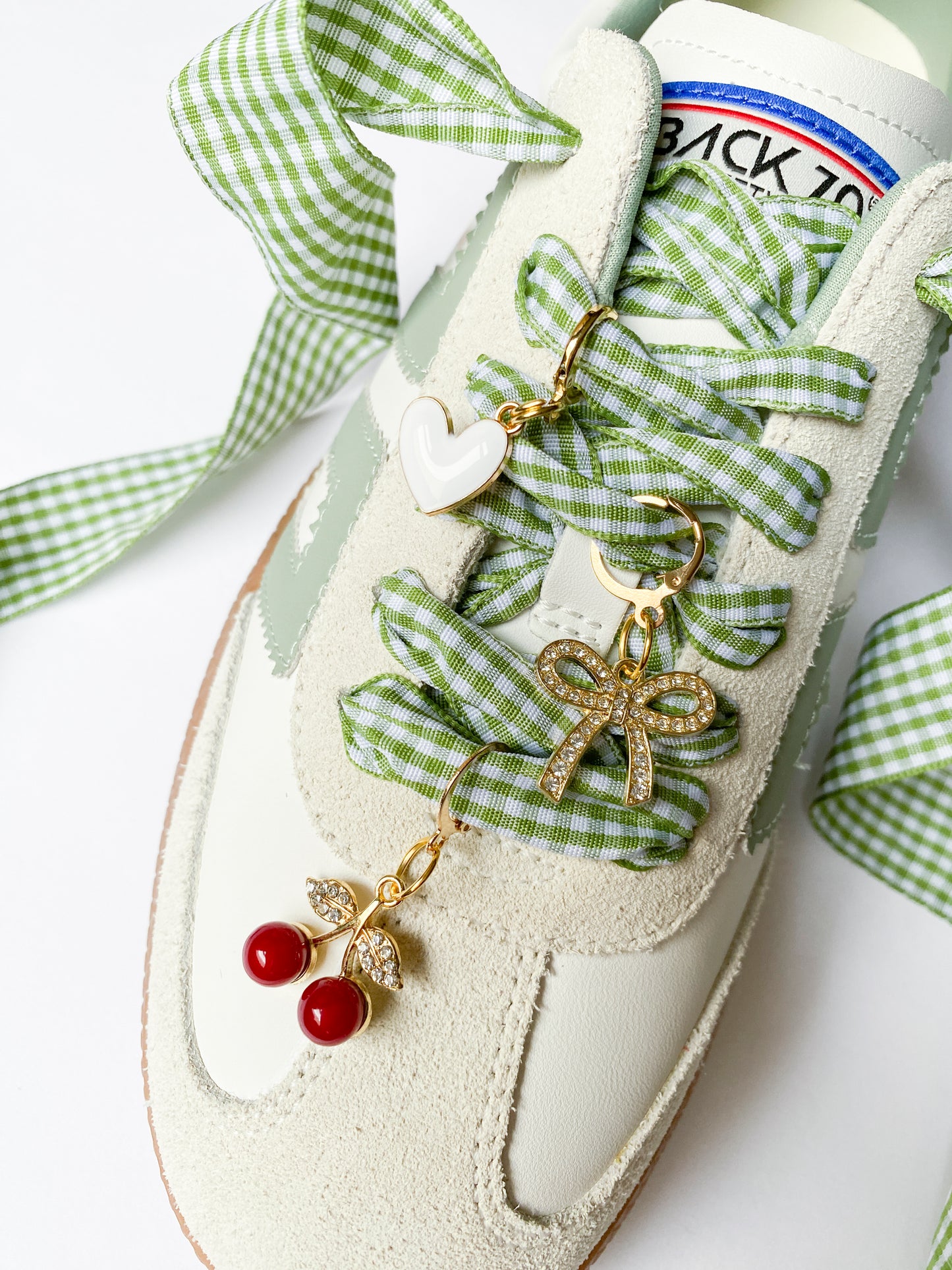 Green Gingham Sneaker Charm Set – Heart, Bow & Cherry Charms