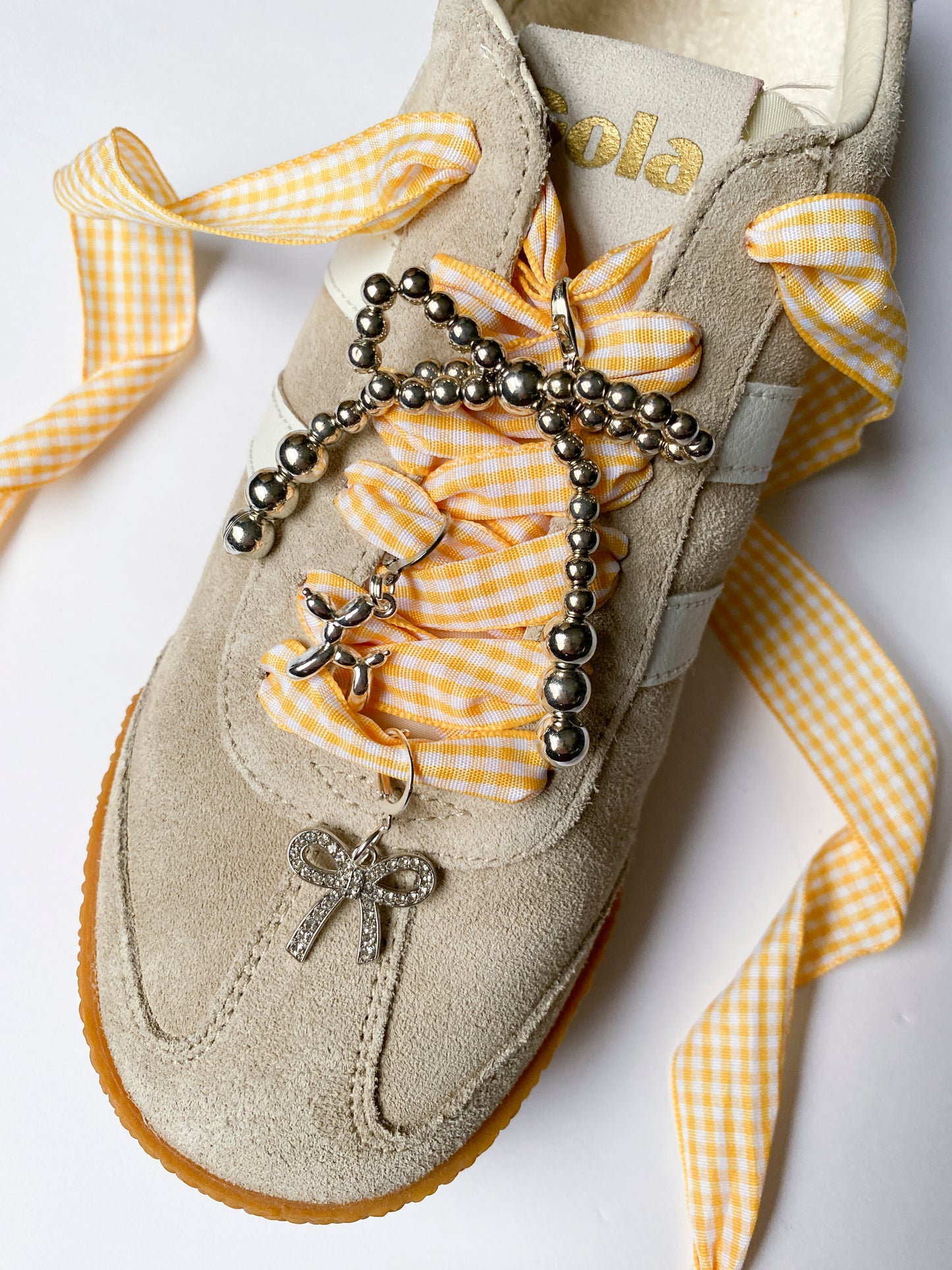 Yellow Gingham Sneaker Charm Set - Silver Bow, Balloon Dog & Rhinestone Bow