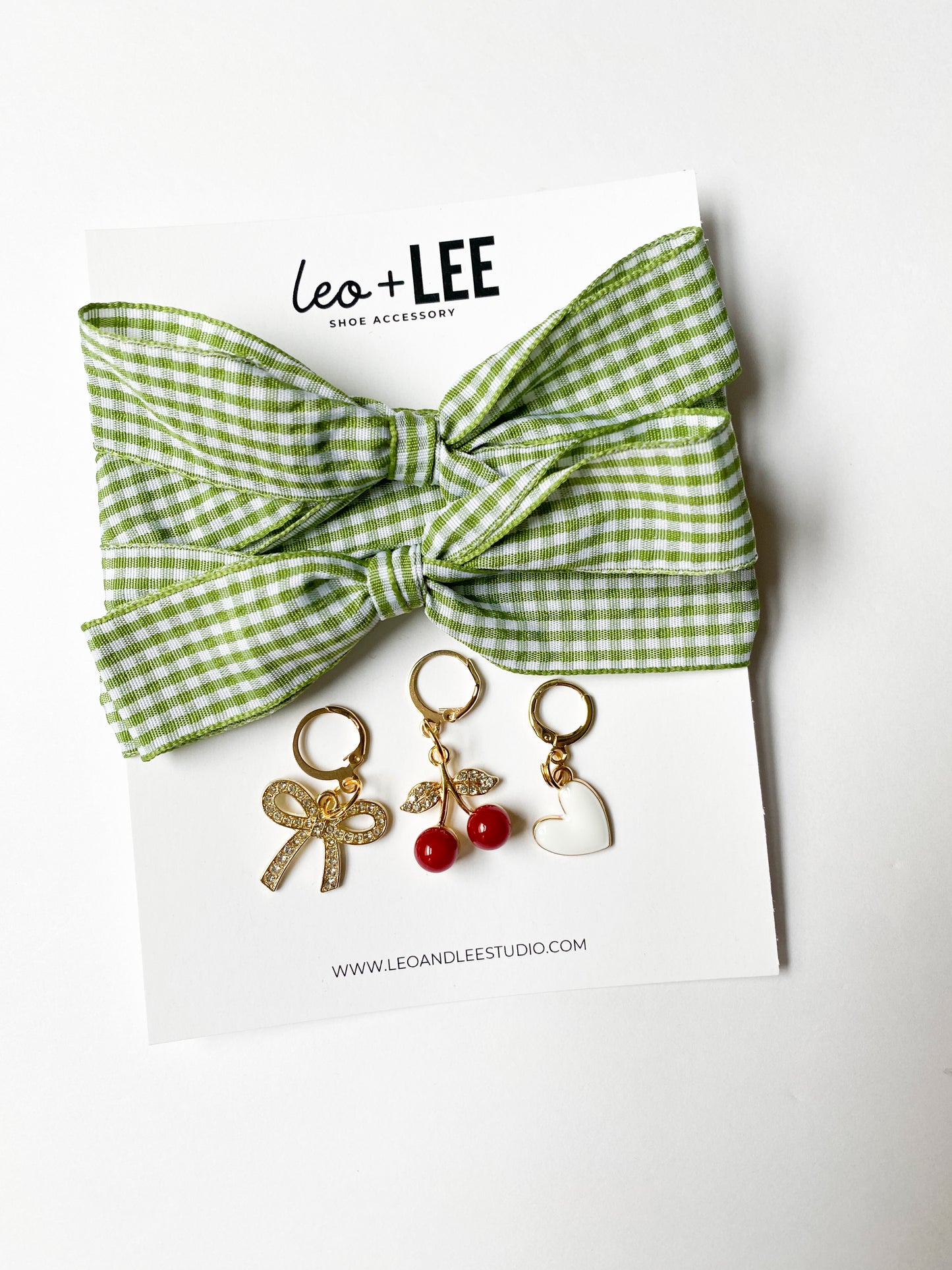Green Gingham Sneaker Charm Set – Heart, Bow & Cherry Charms