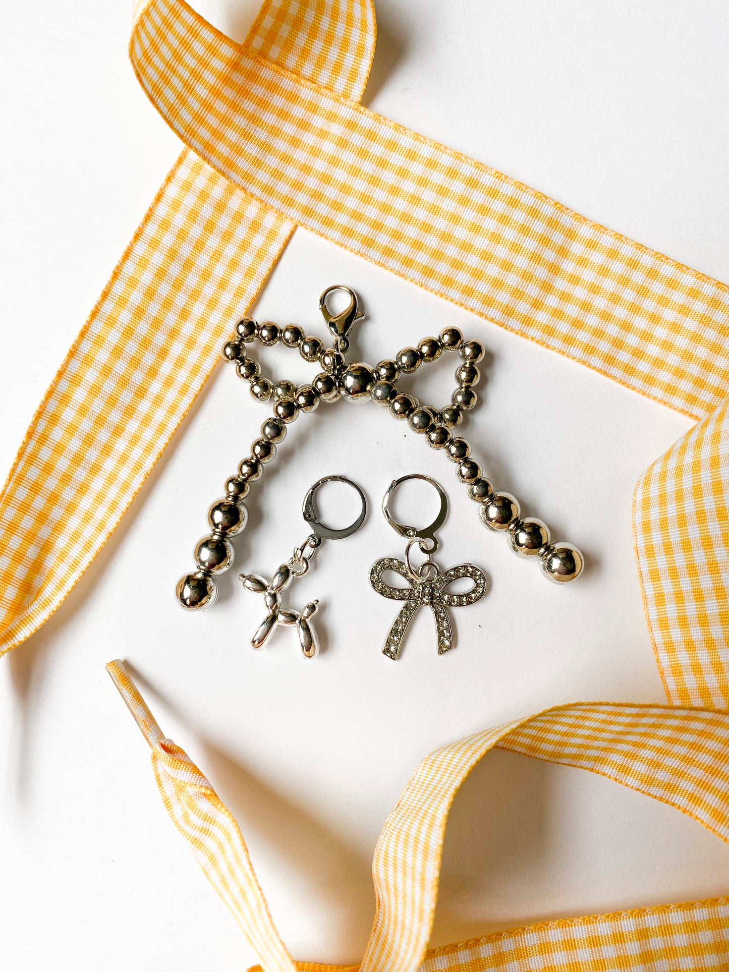 Yellow Gingham Sneaker Charm Set - Silver Bow, Balloon Dog & Rhinestone Bow