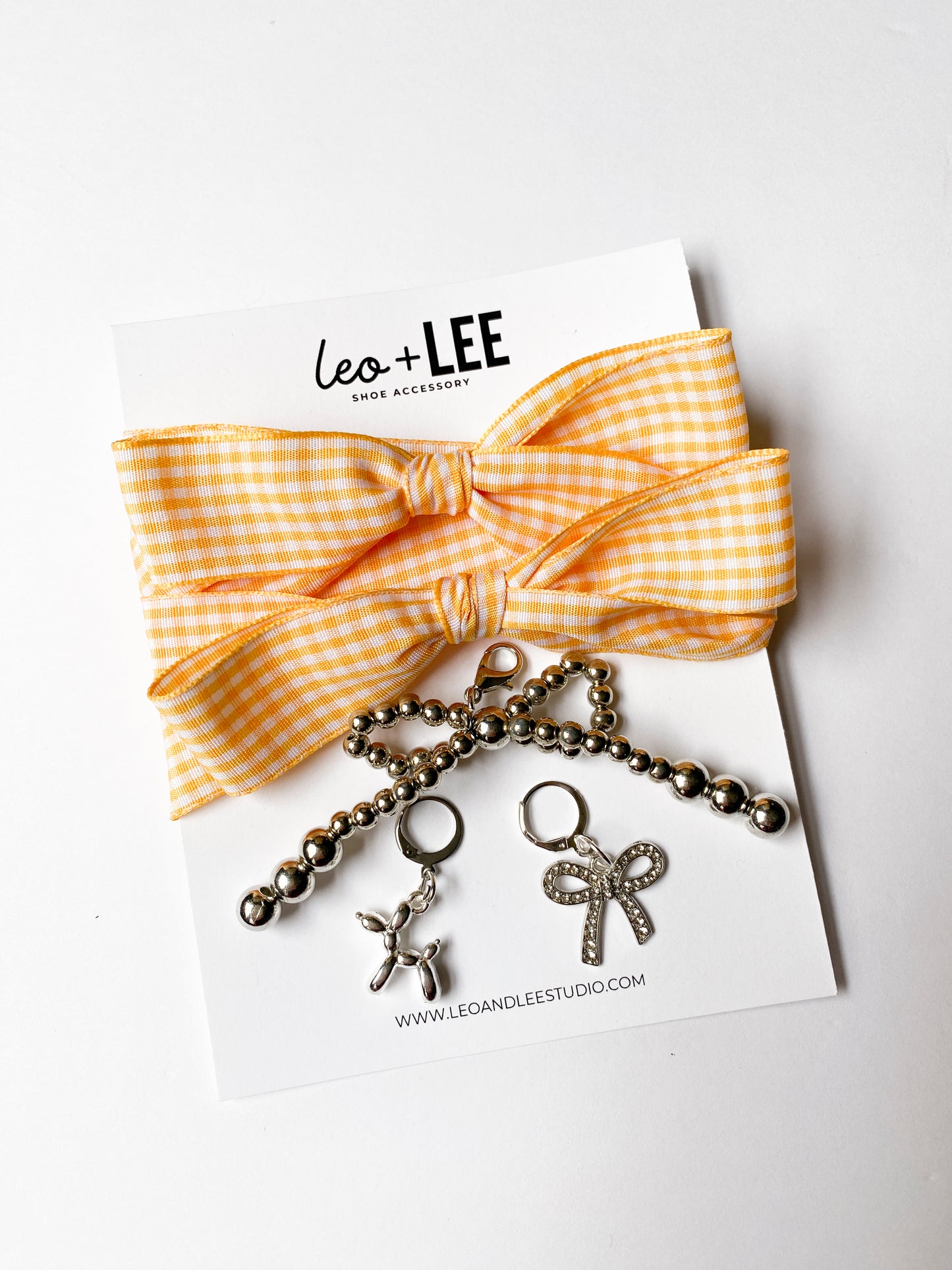 Yellow Gingham Sneaker Charm Set - Silver Bow, Balloon Dog & Rhinestone Bow