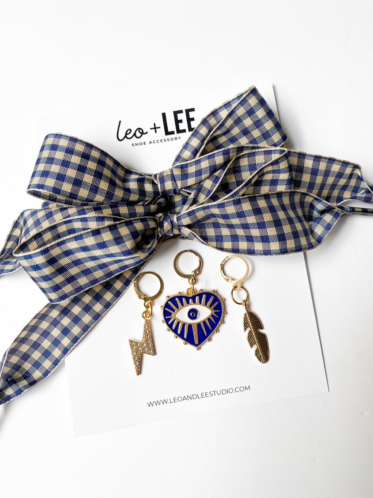 Navy Blue Gingham Sneaker Charm Set – Evil Eye, Feather & Lightning Charms