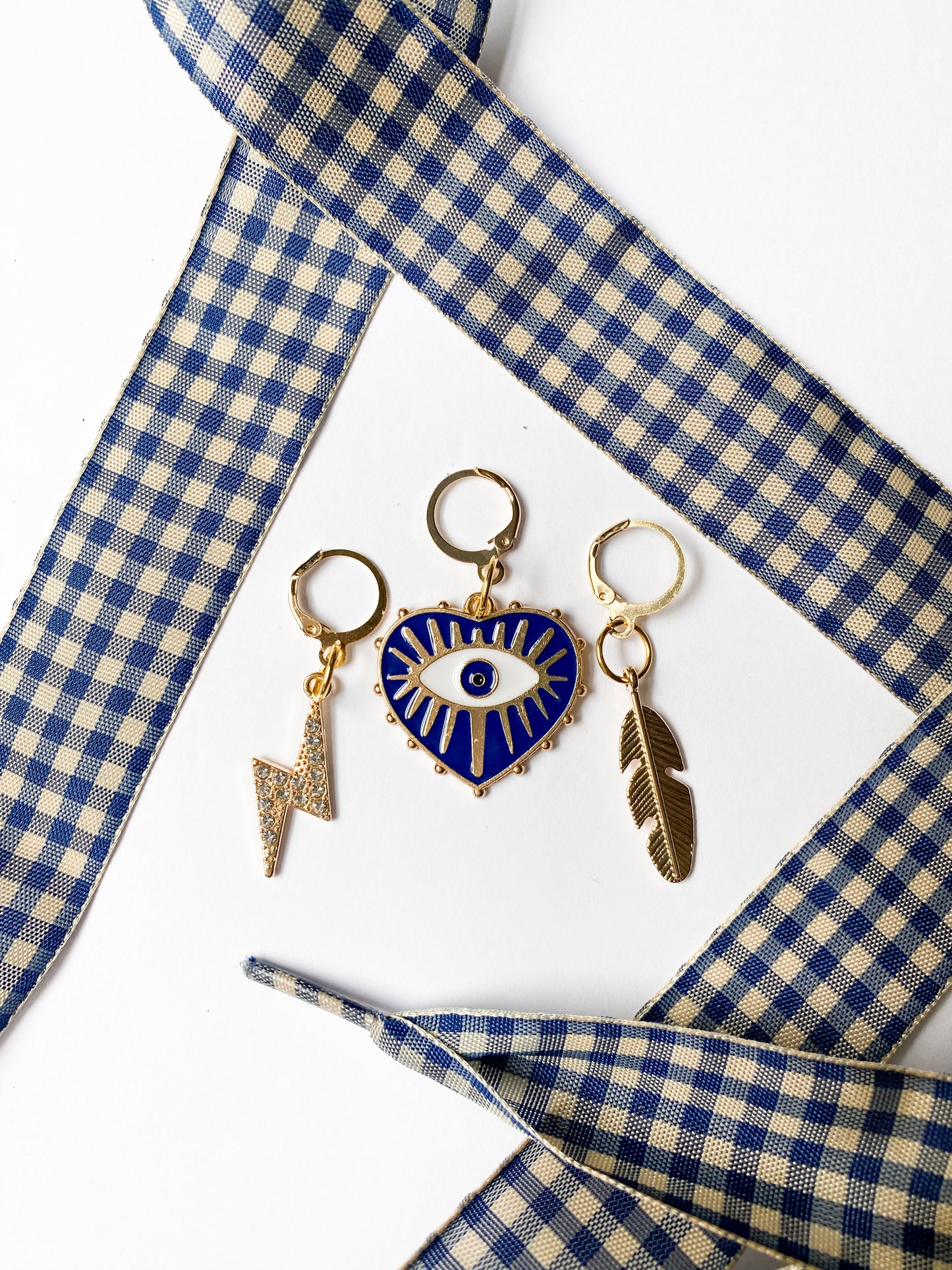 Navy Blue Gingham Sneaker Charm Set – Evil Eye, Feather & Lightning Charms