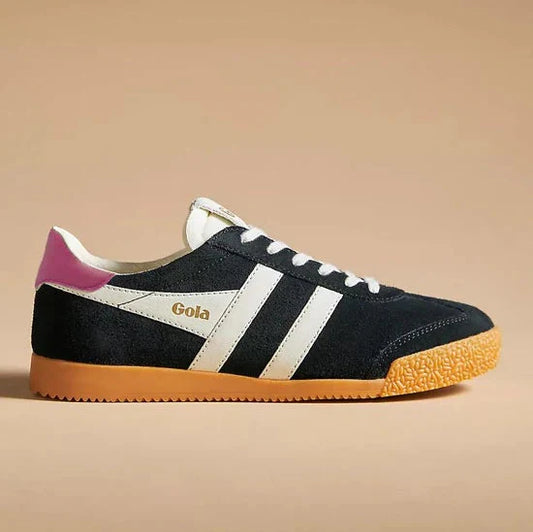 side view if the Gola Elan sneaker in Black Suede with a right pink tab in the back, white laces and a gum sole