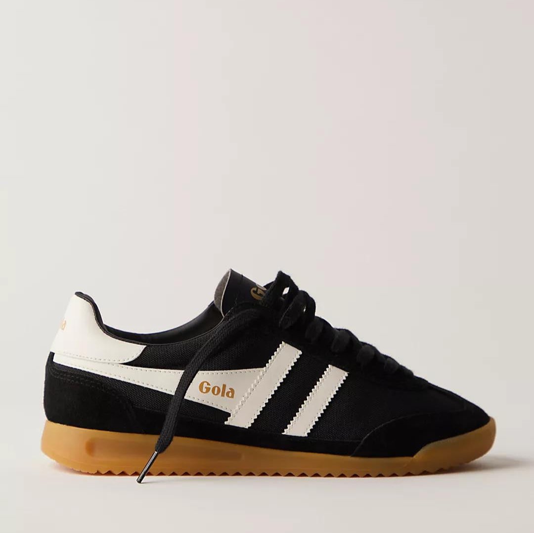 a black gola Torpedo sneaker with white strtipes and a retro gum sole with black laces
