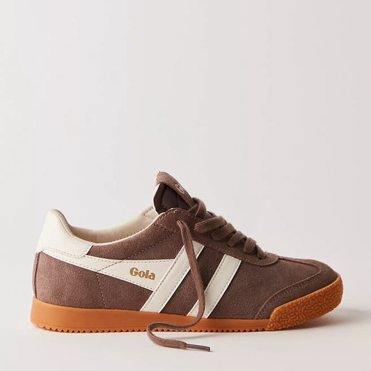 Brown and white sneaker with 'Gola' branding on a light gray background